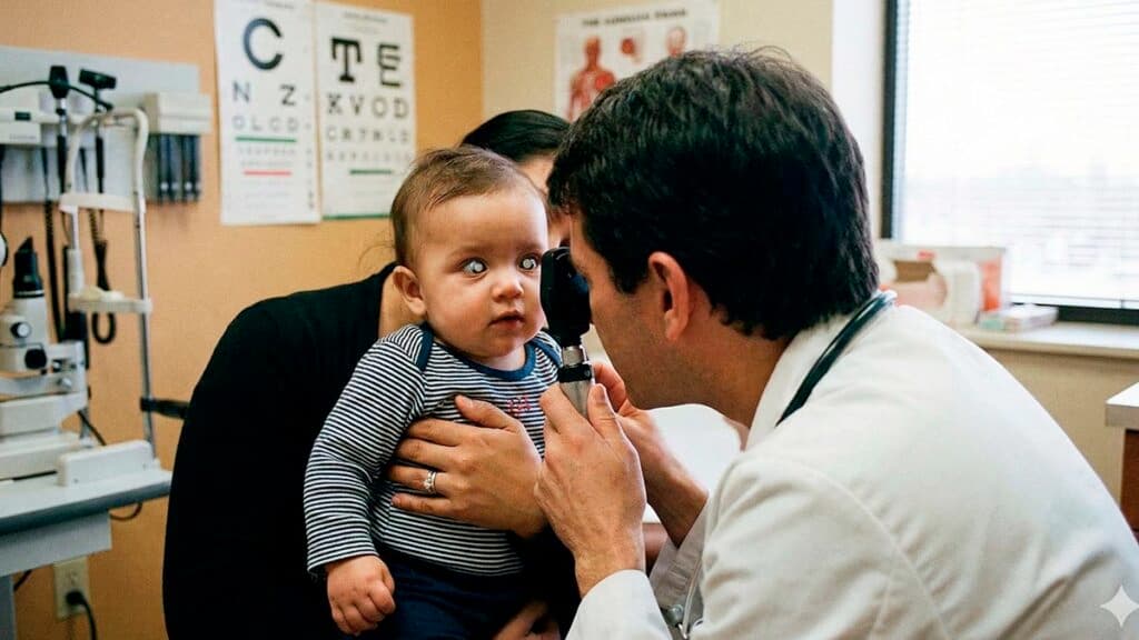 Oftalmologista realizando exame ocular em bebê para diagnóstico de catarata congênita
